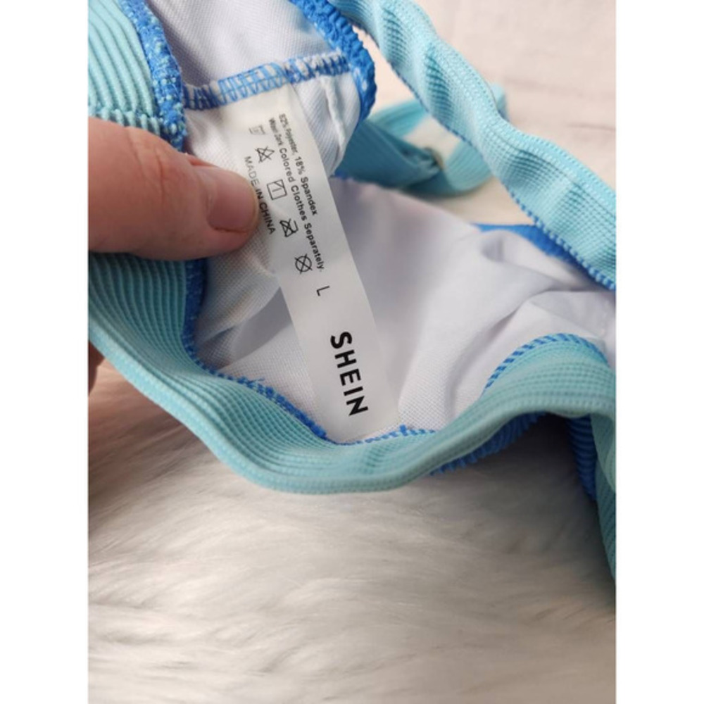 Shein Womens Bikini Swimsuit Blue Turquoise Color Block Retro High Cut Ribbed L - Picture 6 of 7